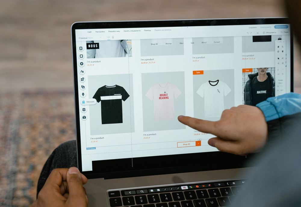 Online store product grid open on a laptop